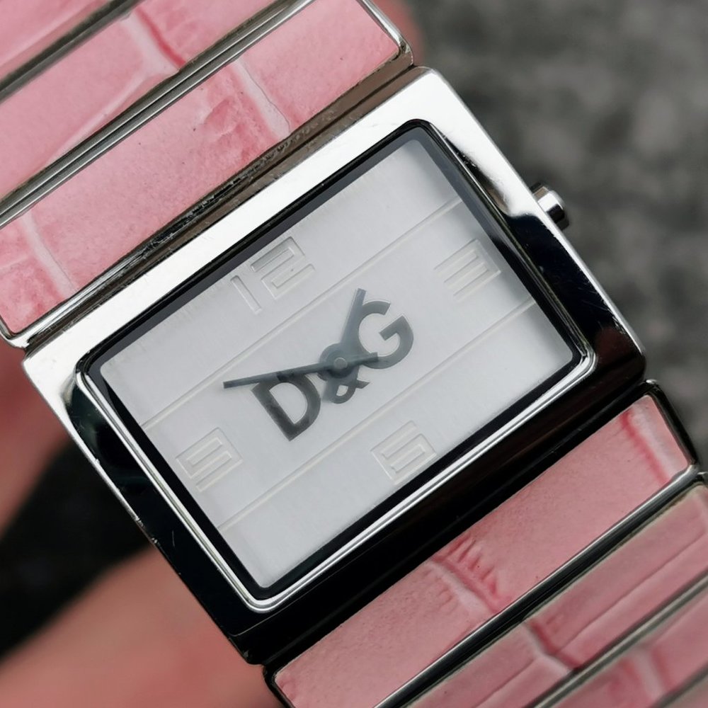 D&G TIME Quartz Watch Pink Croco Grain Stainless Steel Cuff Bracelet Authentic - Picture 4 of 12